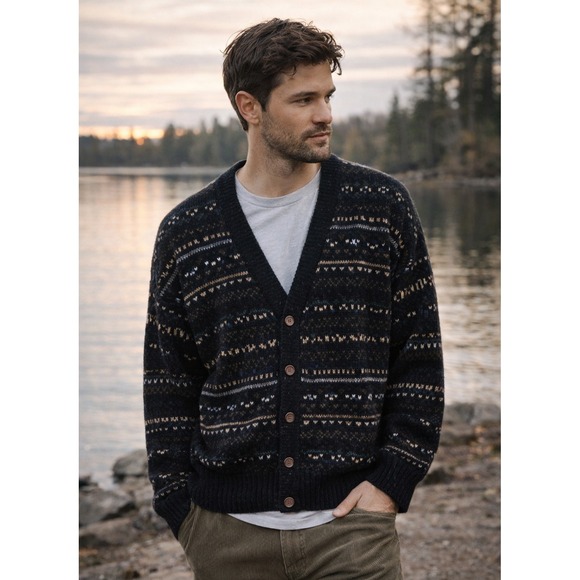 Vintage Claybrooke Cardigan Wool Fair Isle Ugly Sweater Size M Black Grandpacore - Picture 1 of 13